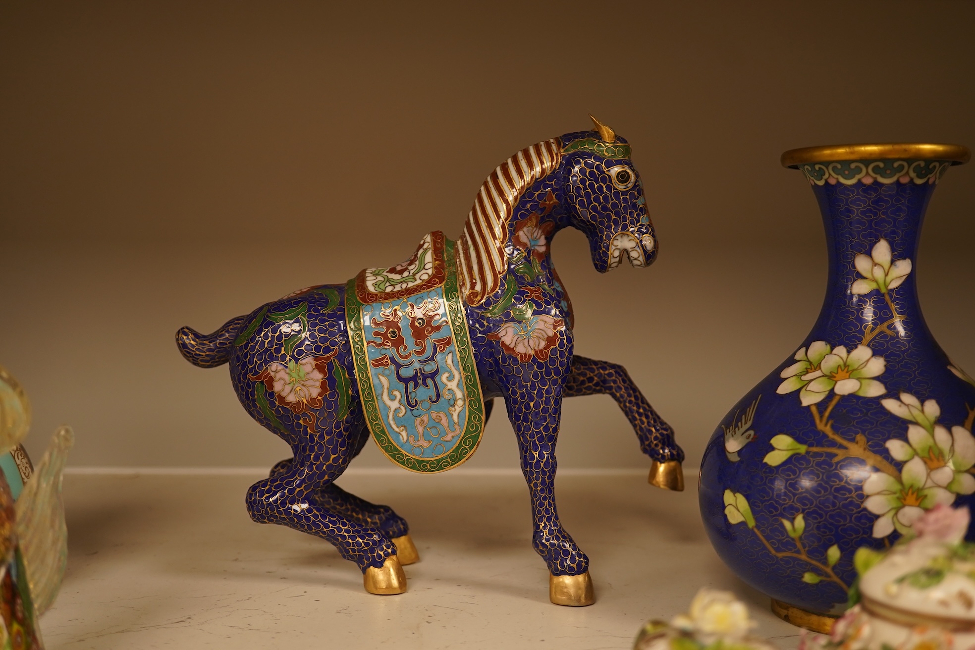 A Chinese cloisonné enamel horse and vase, two miniature Rockingham floral teapots, a malachite box etc (9). Cloisonné horse 20cm long.
